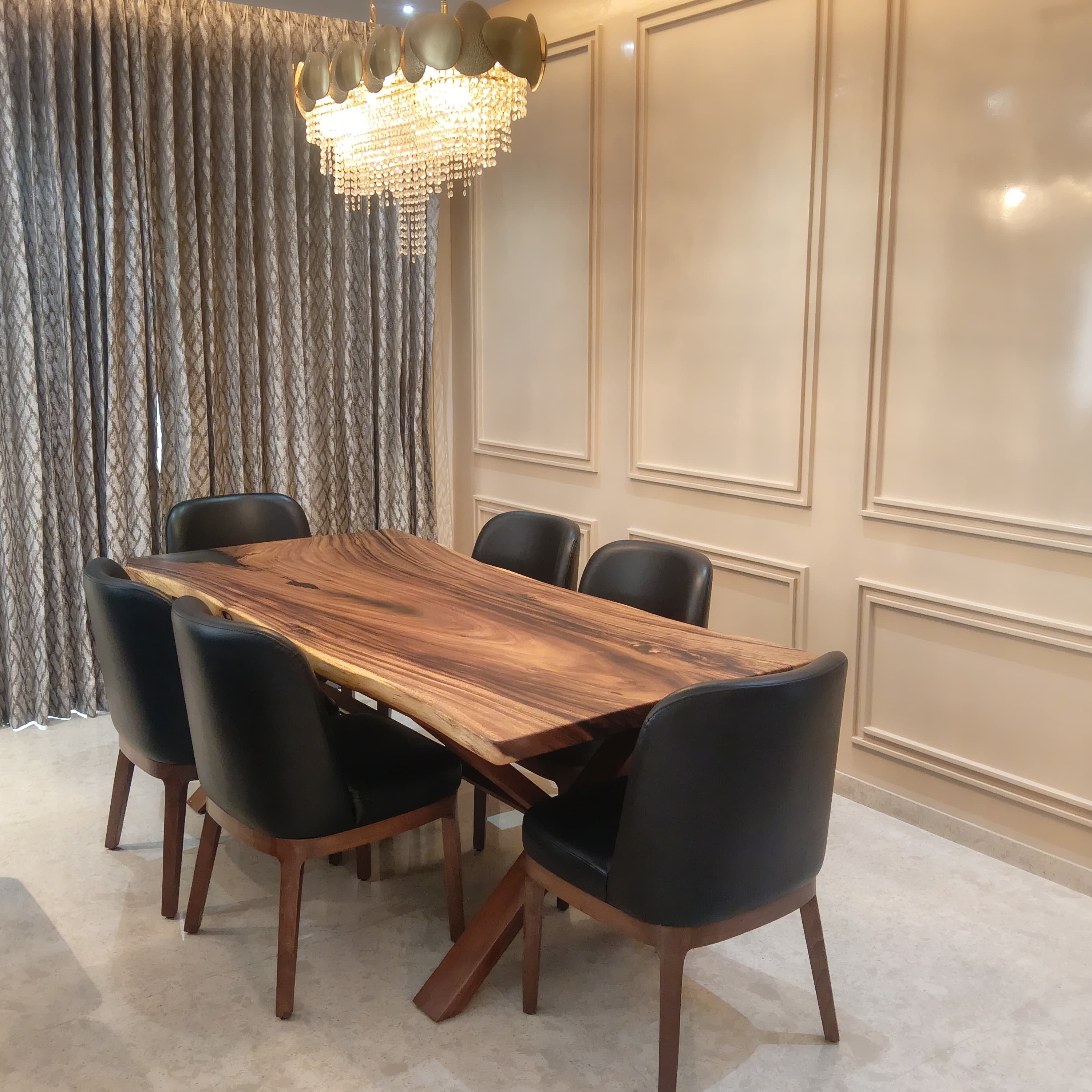 Studio Spectrum custom luxury dining table set with solid wood/marble/onyx/granite dining top and upholstered/leather chairs